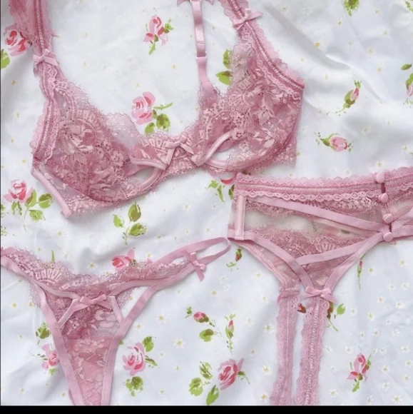 NWT For Love and Lemons 3pc SET Shimmer Lace BRA, GARTER & THONG